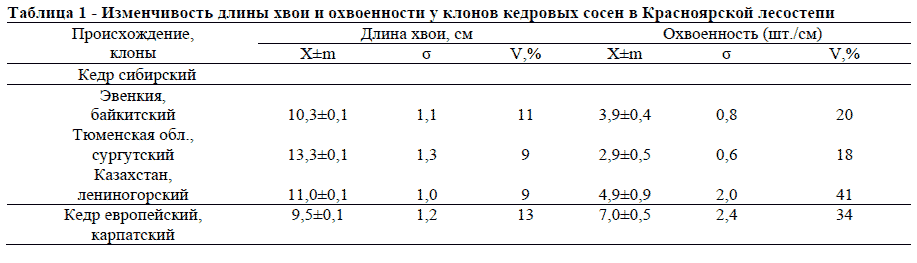 Таблица 1 - Изменчивость длины хвои и охвоенности у клонов кедровых сосен в Красноярской лесостепи